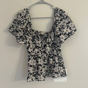 Loft Black White Floral cotton blouse women’s size small